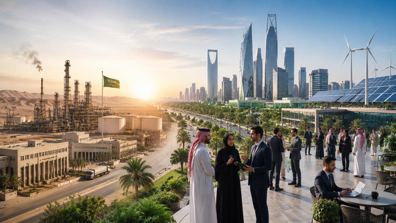 Saudi and international business professionals meeting on a Riyadh rooftop overlooking the Kingdom Centre Tower skyline, oil infrastructure, and renewable energy installations representing Saudi Vision 2030 economic diversification