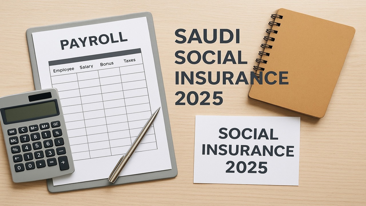 Flat lay of payroll documents, calculator, and notebook with text Saudi Social Insurance 2025, representing new compliance law in Saudi Arabia