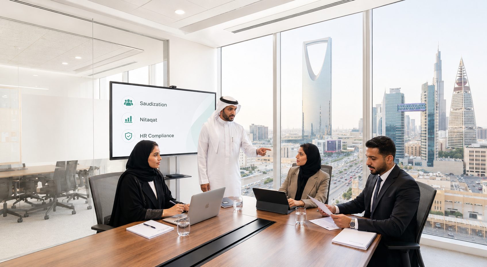 Business team reviewing Saudization compliance strategy at corporate office in Riyadh, Saudi Arabia